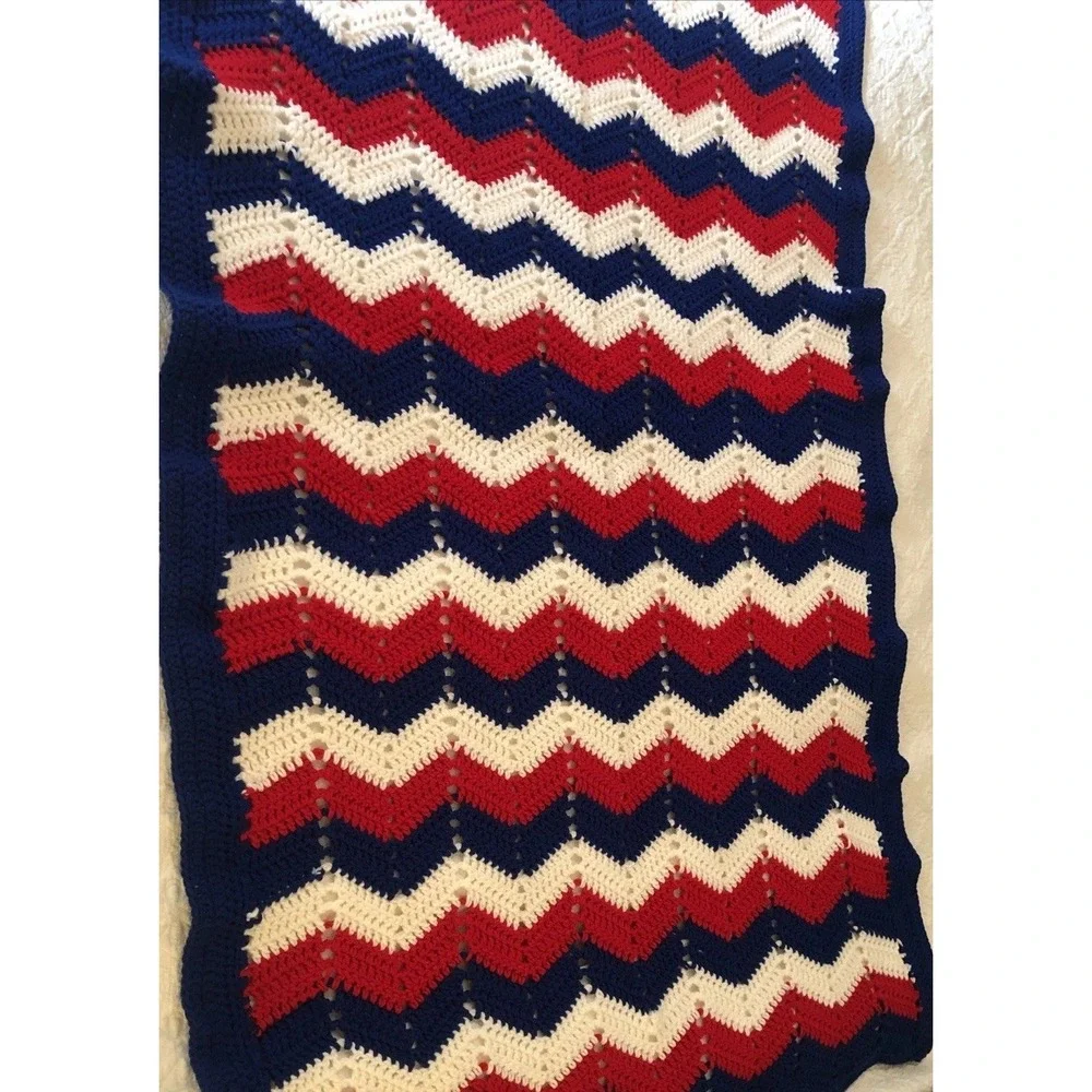 Granny Blanket Crochet Red White Blue Patriotic Americana Handmade Throw 32 X38